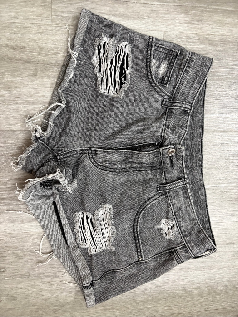 High-Rise Distressed Grey Denim Shorts